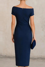 Solid Color Short-sleeved Fitted Waist Pleated Elegant Midi Dress