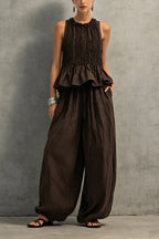 Retro-style pleated sleeveless top and wide-leg pants set