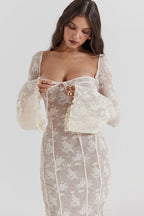 Lace Square Neck Milkmaid Tie Front Corset Seam Bell Sleeve Mermaid Maxi Dress