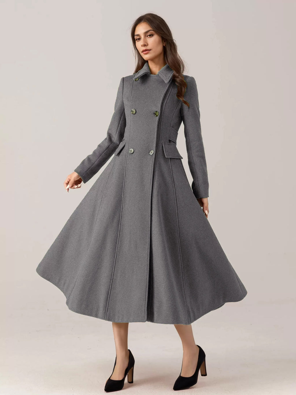 Flared Wool Blend Coat For Woman Red Turndown Collar Double-breasted Elegant 2026 Winter Outerwear