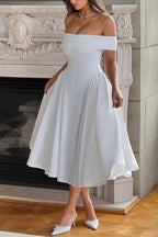 Off Shoulder Foldover Cuff Pleated Pocket Fit and Flare Midi Dress
