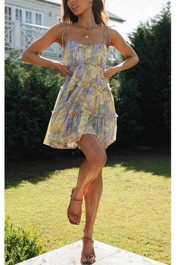 Floral Print Tie Shoulder Tiered Ruffle Babydoll Mini Dress