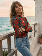 Vintage Rose Floral Print Lettuce Trim Mesh Long Sleeve Skinny Top For Women 2026