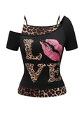 One-Shoulder Digital Print Short Sleeve Tee