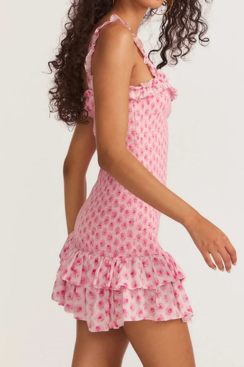 Smocked Square Neck Ruffle Trim Wide Strap Tiered Ditsy Floral Mini Dress