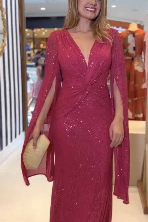 Deep V-Neck Twist Waist Sequin Cape Sleeve Column Maxi Gown