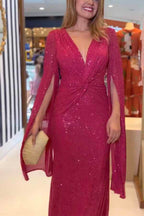 Deep V-Neck Twist Waist Sequin Cape Sleeve Column Maxi Gown