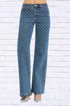 RISEN High Rise Wide Leg Bow Embroidered Jeans