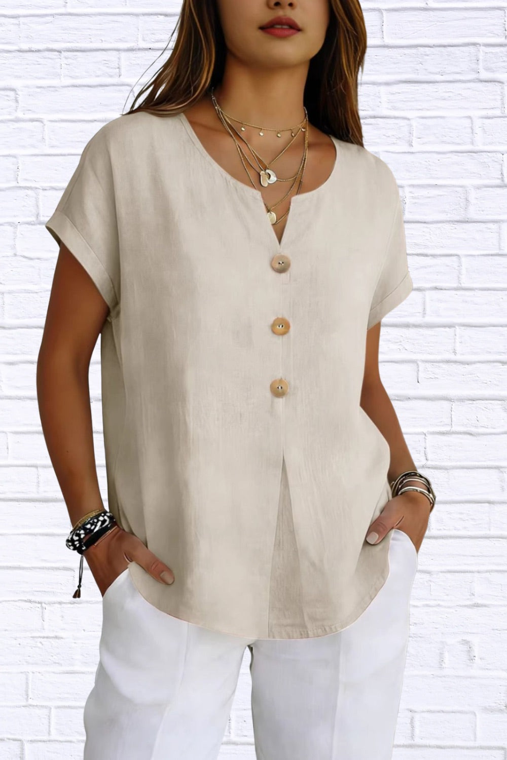 Decor Button Short Sleeve Blouse | Elegant Women__ Top