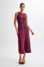 Rib Knit Sleeveless Button Front Faux Pocket Midi Dress
