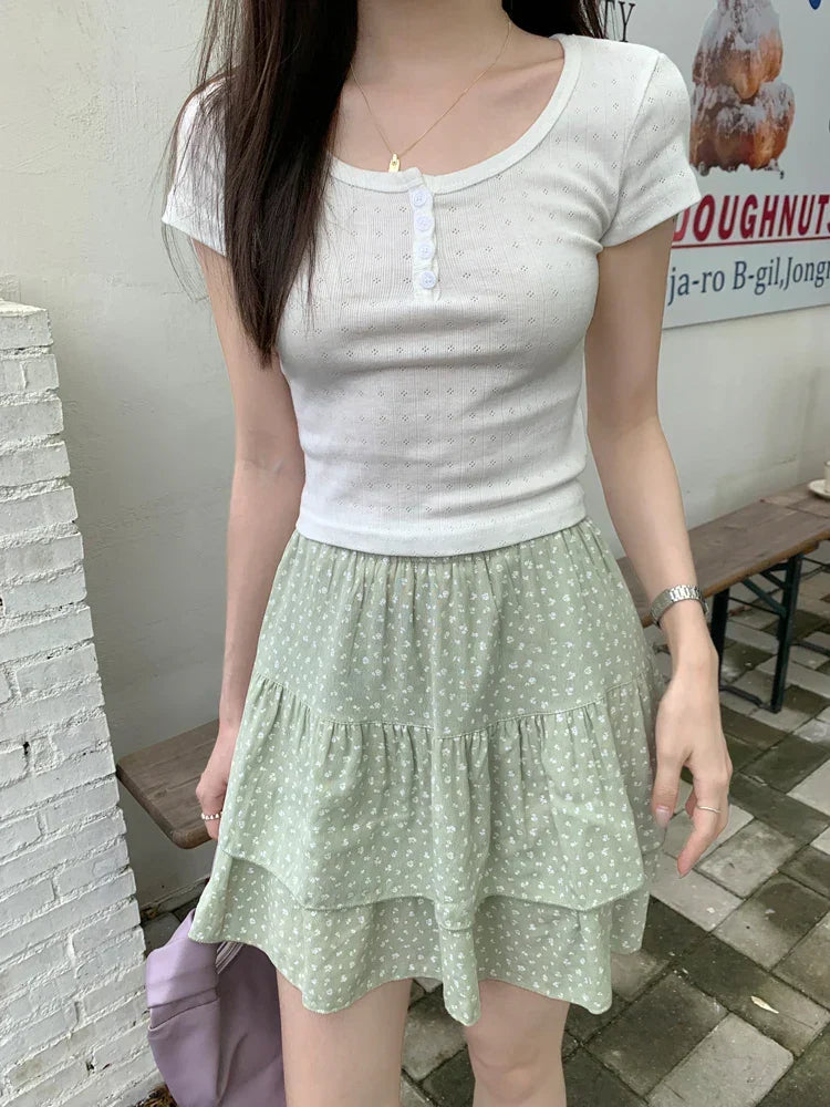 Ditsy Floral Print Tiered Ruffle Elastic Waist Mini Skirt