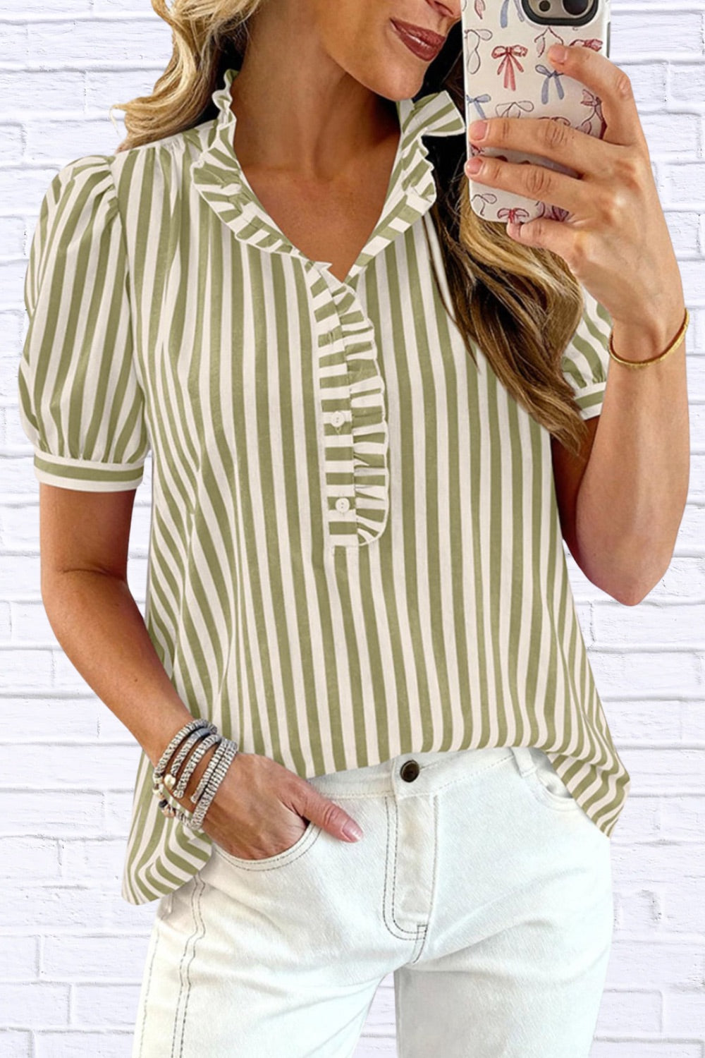 Frill Striped Puff Sleeve Blouse | Chic Women__ Top