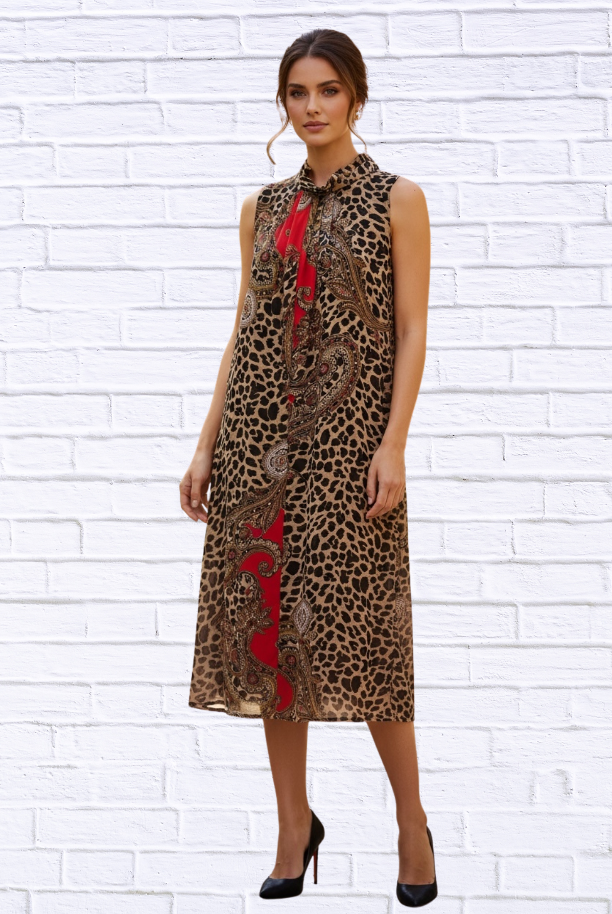 Animal and Paisley Print Sleeveless Maxi Dress _ High Neck Bow Detail Flowy Woven Dress