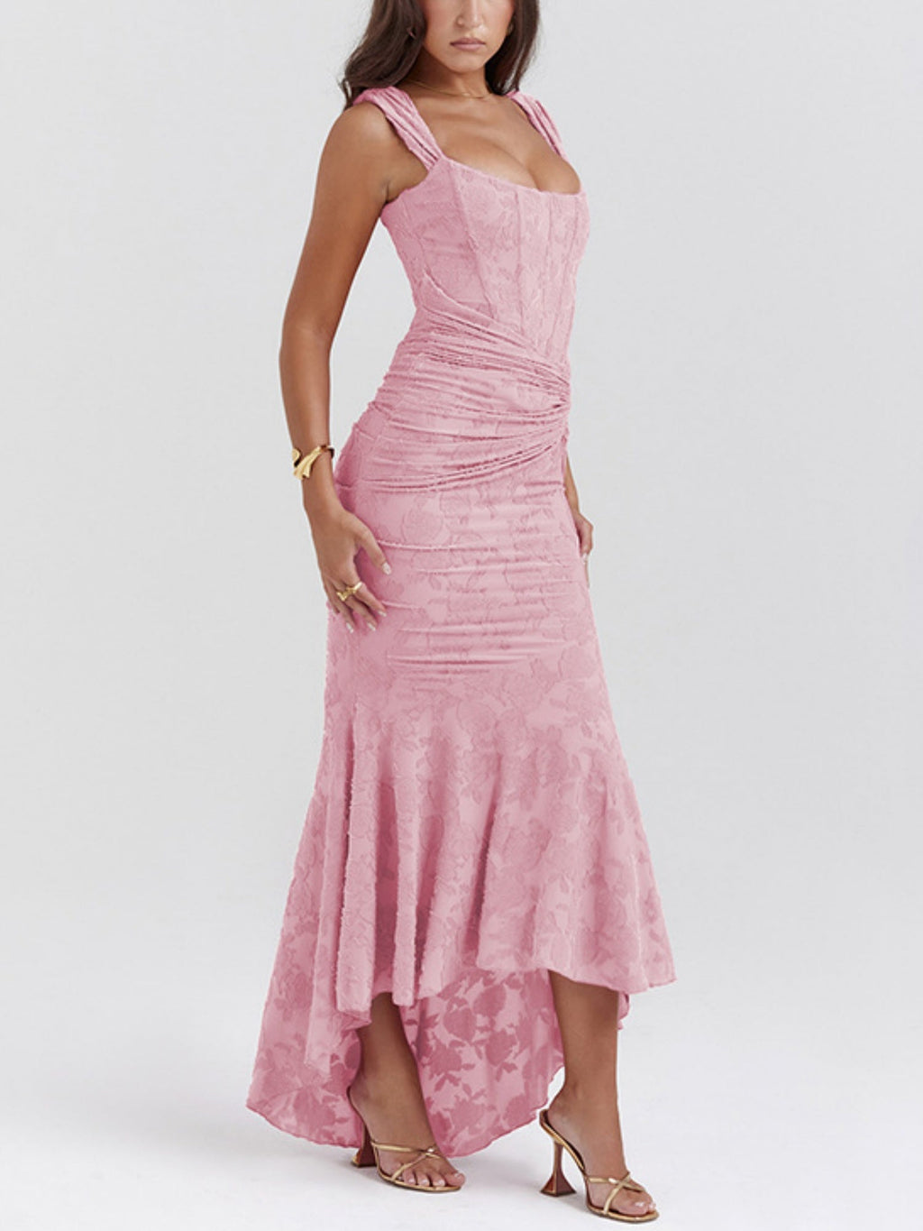 Jacquard Print Pleated Waist Spaghetti Strap Backless Mermaid Tail Maxi Dresses