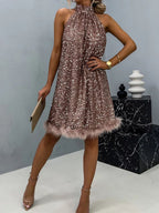 Sequins Feather Halter Lace Up Two-way Parties Mini&Short Dresses