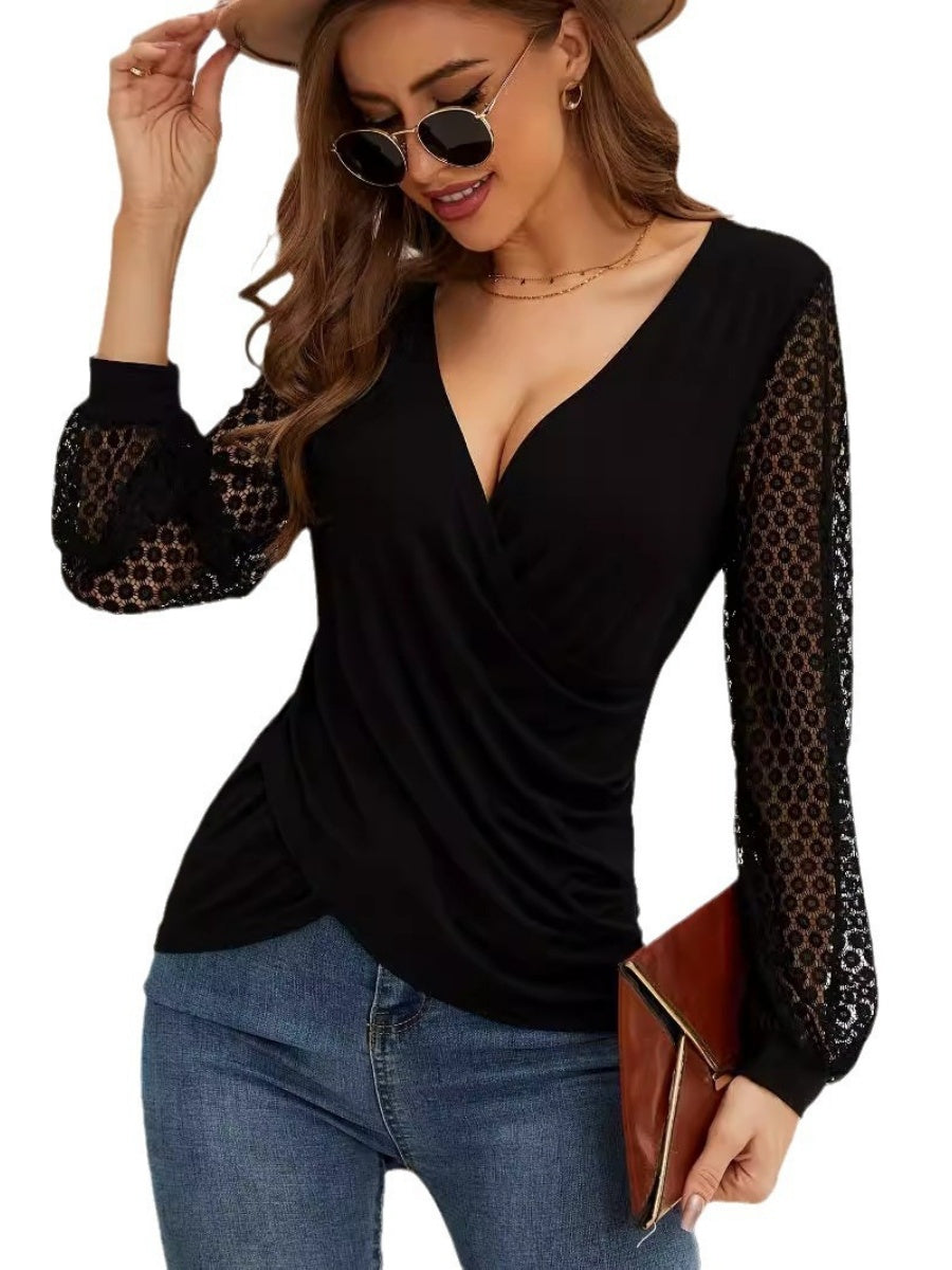 Lace Splicing Loose-fit V-neck Chiffon Blouse