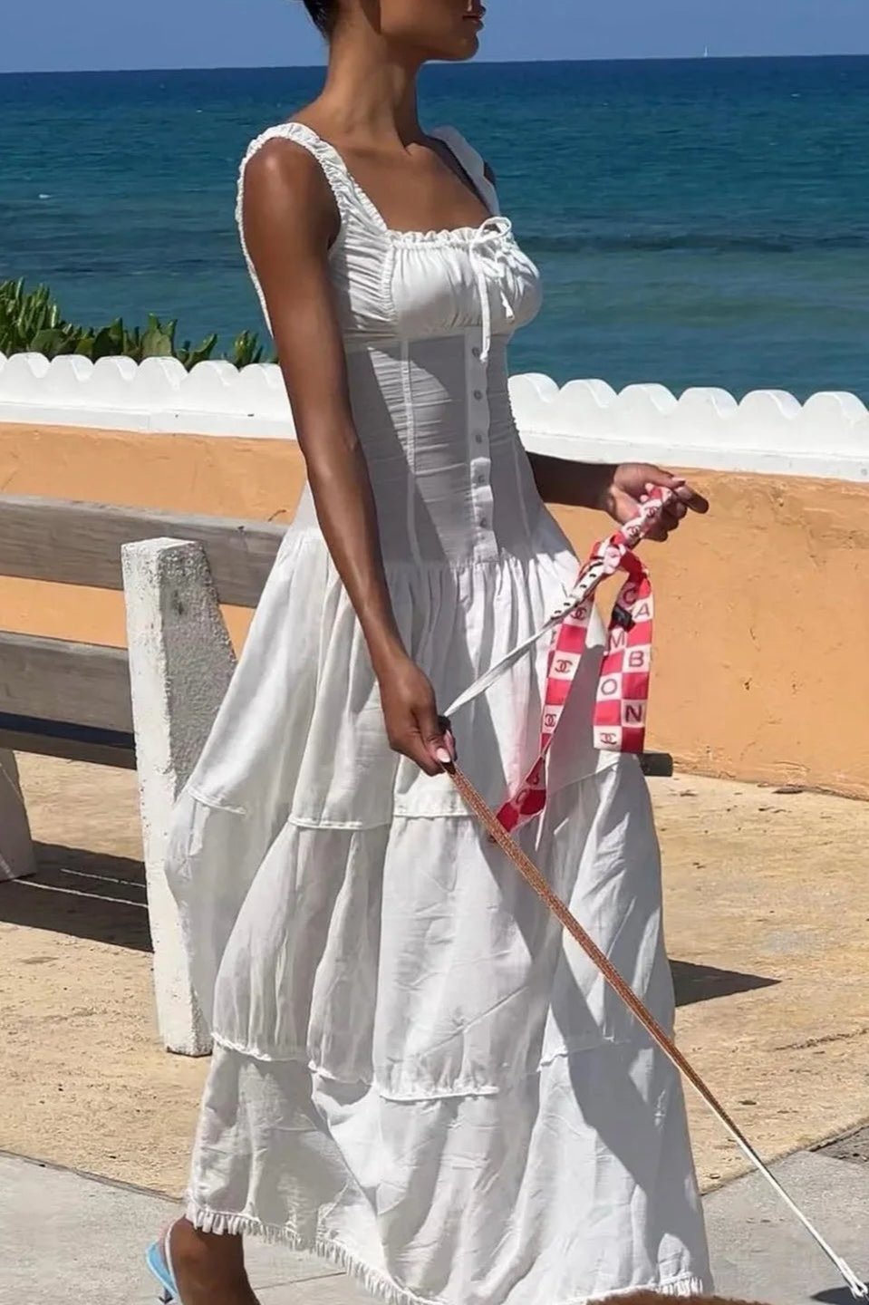 Smocked Square Neck Ruffle Strap Tiered Button Front Maxi Dress