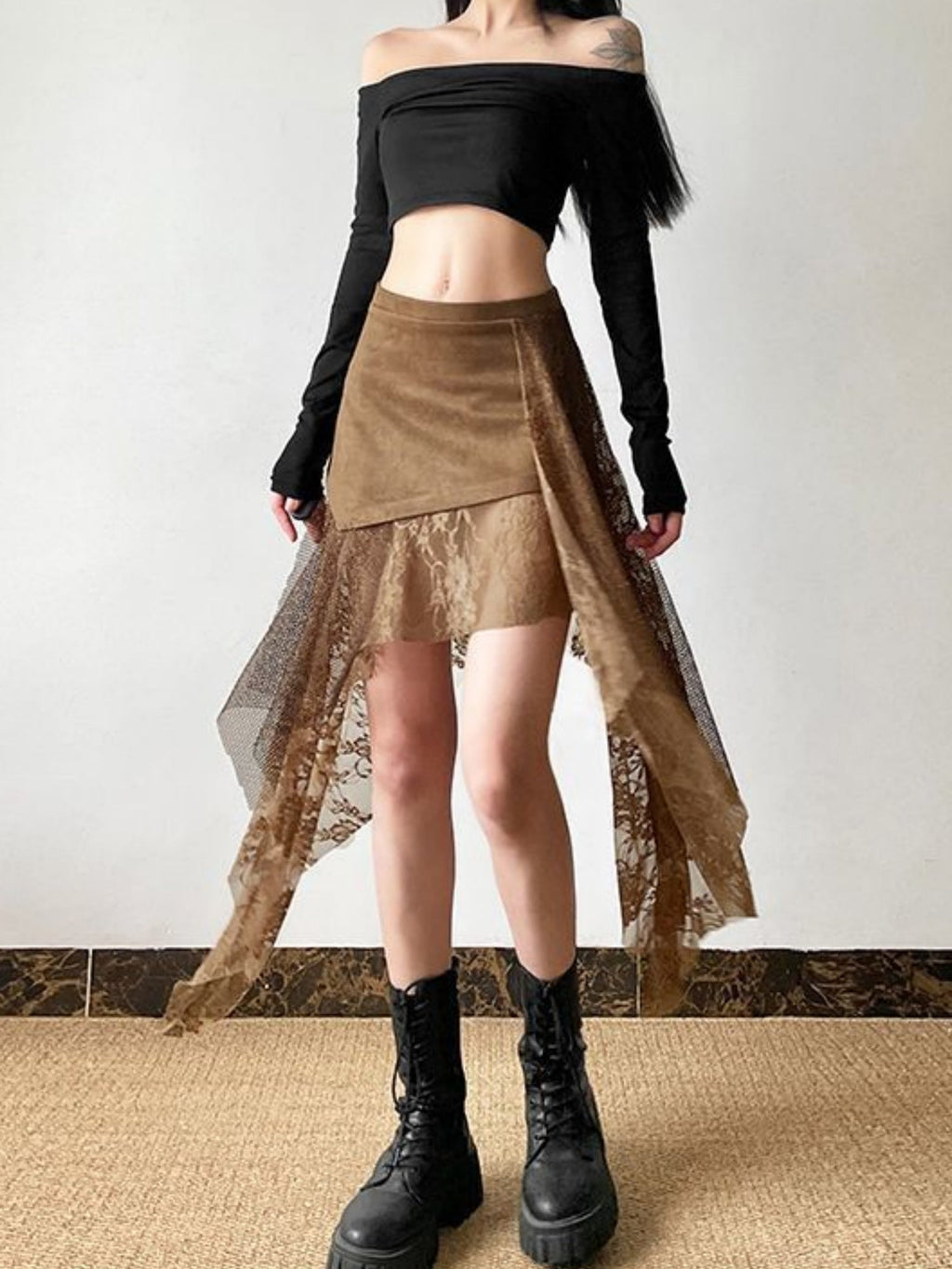 Lace Patchwork Irregular Hem Short Skirt