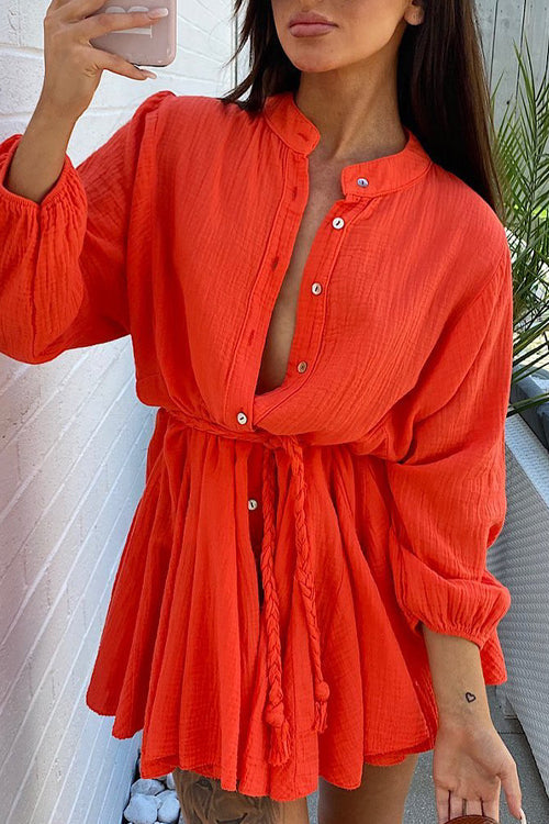 Crinkled Gauze Button Front Tie Waist Long Sleeve Mini Shirt Dress