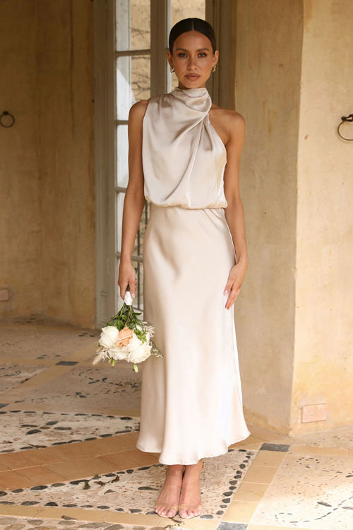 One Shoulder Cowl Neck Draped Satin A-Line Midi Dress