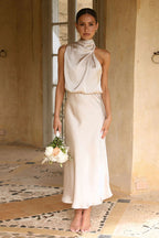 One Shoulder Cowl Neck Draped Satin A-Line Midi Dress