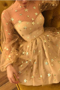 Illusion Yoke Sweetheart Puff Sleeve Star Applique Tulle Mini Dress