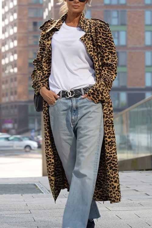 Lapel Open Front Leopard Midi Trendy Coat