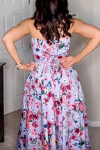 Strapless Tube Back Lace-up Floral Print Midi Dress