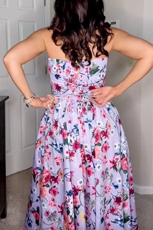 Strapless Tube Back Lace-up Floral Print Midi Dress