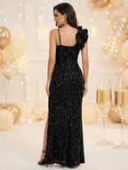 Sequined Dress Flower Shoulder Strap Sleeveless High Fork Maxi Dresses