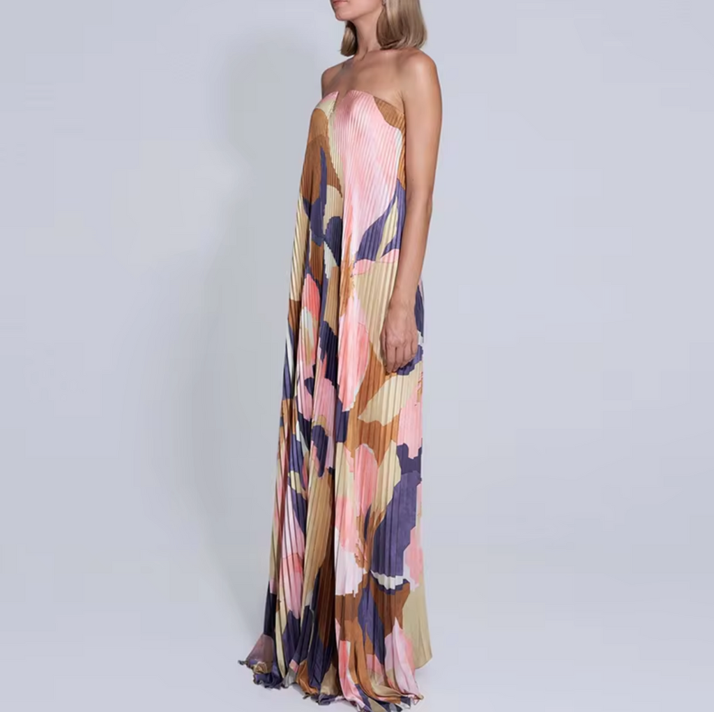 Silvana Statement Floral Strapless Pleated Long Dress Evening Wear Edit