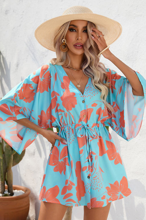 Deep V Neck Button Front Kimono Sleeve Drawstring Botanical Print Mini Dress