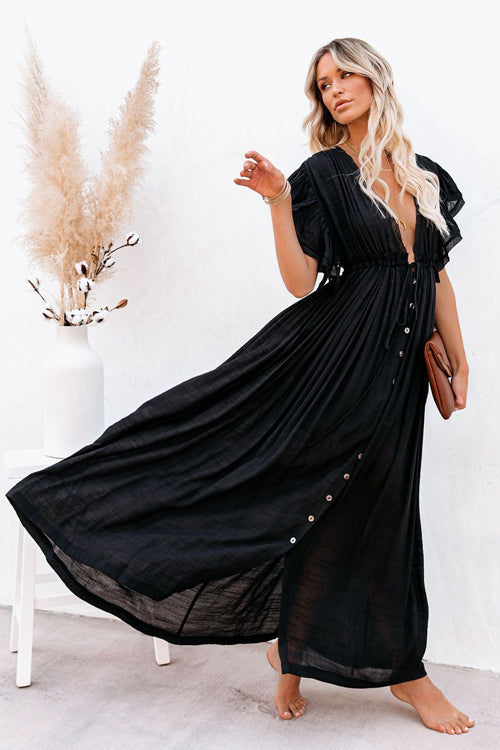 Plunging V-Neck Flutter Sleeve Tie Front Button Pocket Maxi Dress