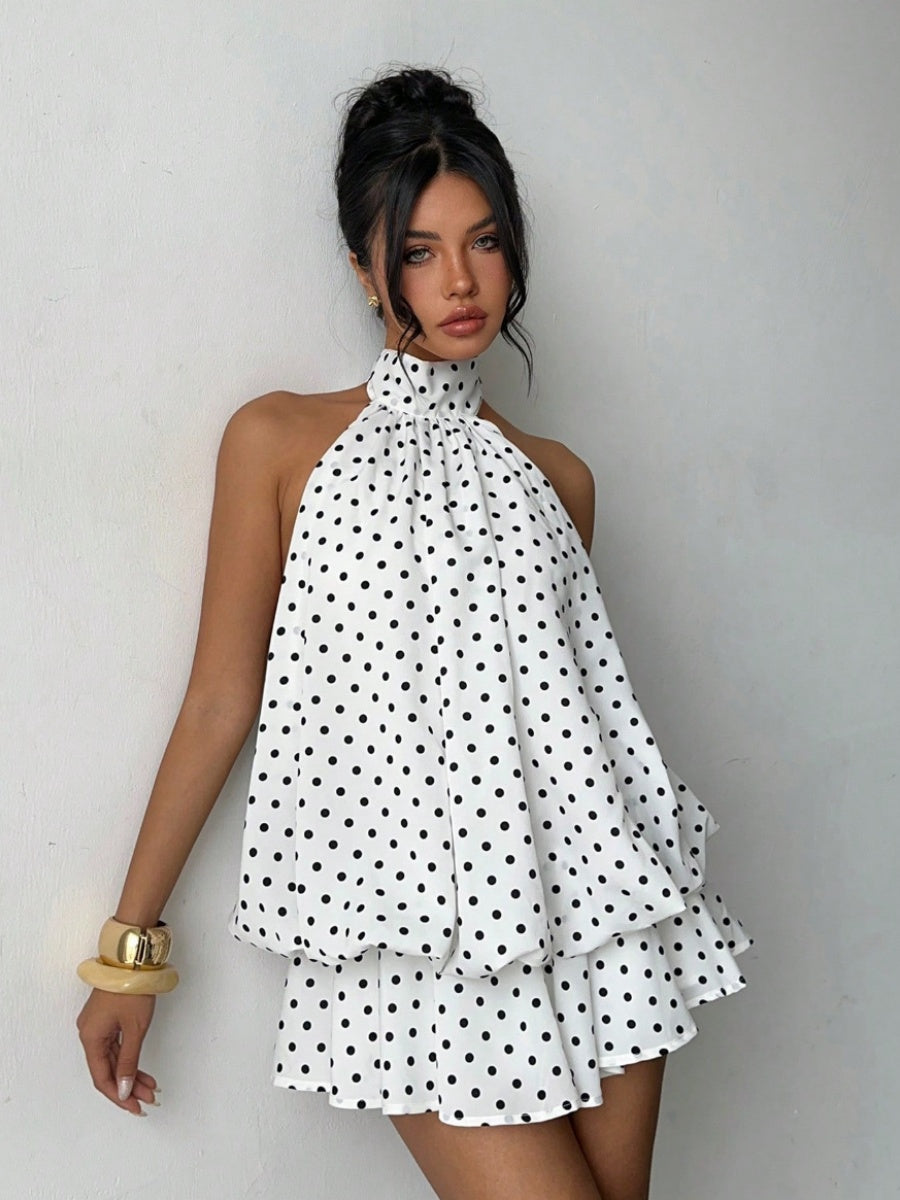 Halter Backless Lace Up Bud Polka Dots Mini&Short Dresses