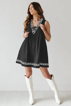 Embroidered V-Neck Tie Drawstring Lace Trim Pocket Chambray Mini Dress