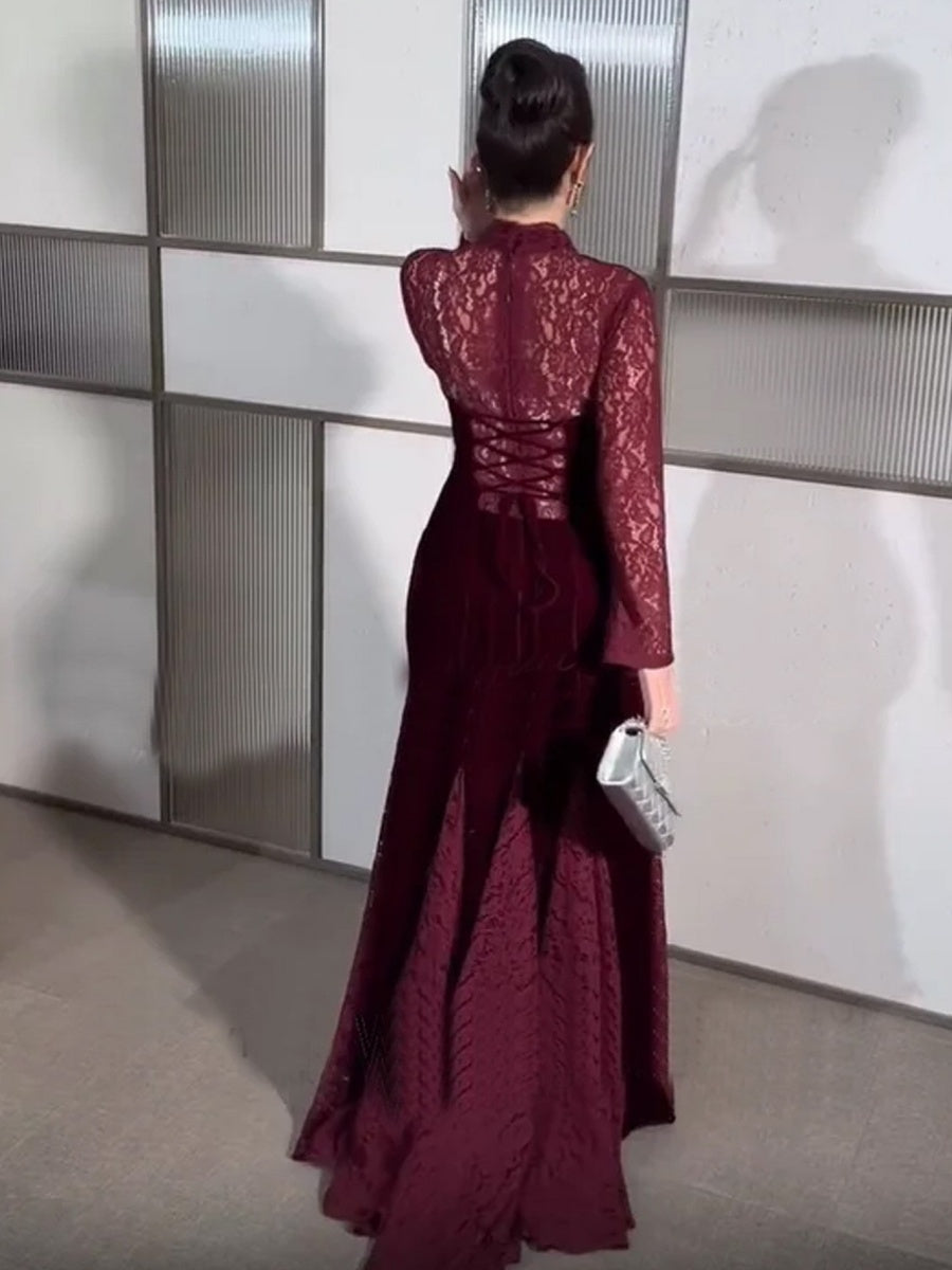 Burgundy Lace Long Sleeve Fishtail Evening Dress Maxi Dresses