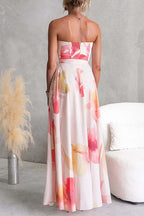 Strapless Tube Tie Waist Floral Print Maxi Dress