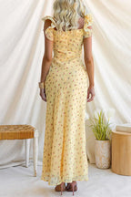 Ruffle Sleeves Floral Print Mesh Overlay Maxi Dress