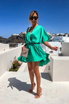 Satin Wrap Front Twist Waist Flutter Sleeve Ruffle Hem Mini Dress