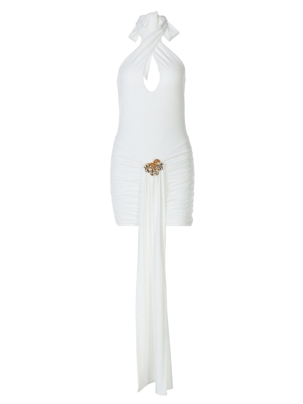 Metal Decoration Halter Neck Deep V Cross Straps Exposed Backpack Buttocks Pleated Mini&Short Dresses