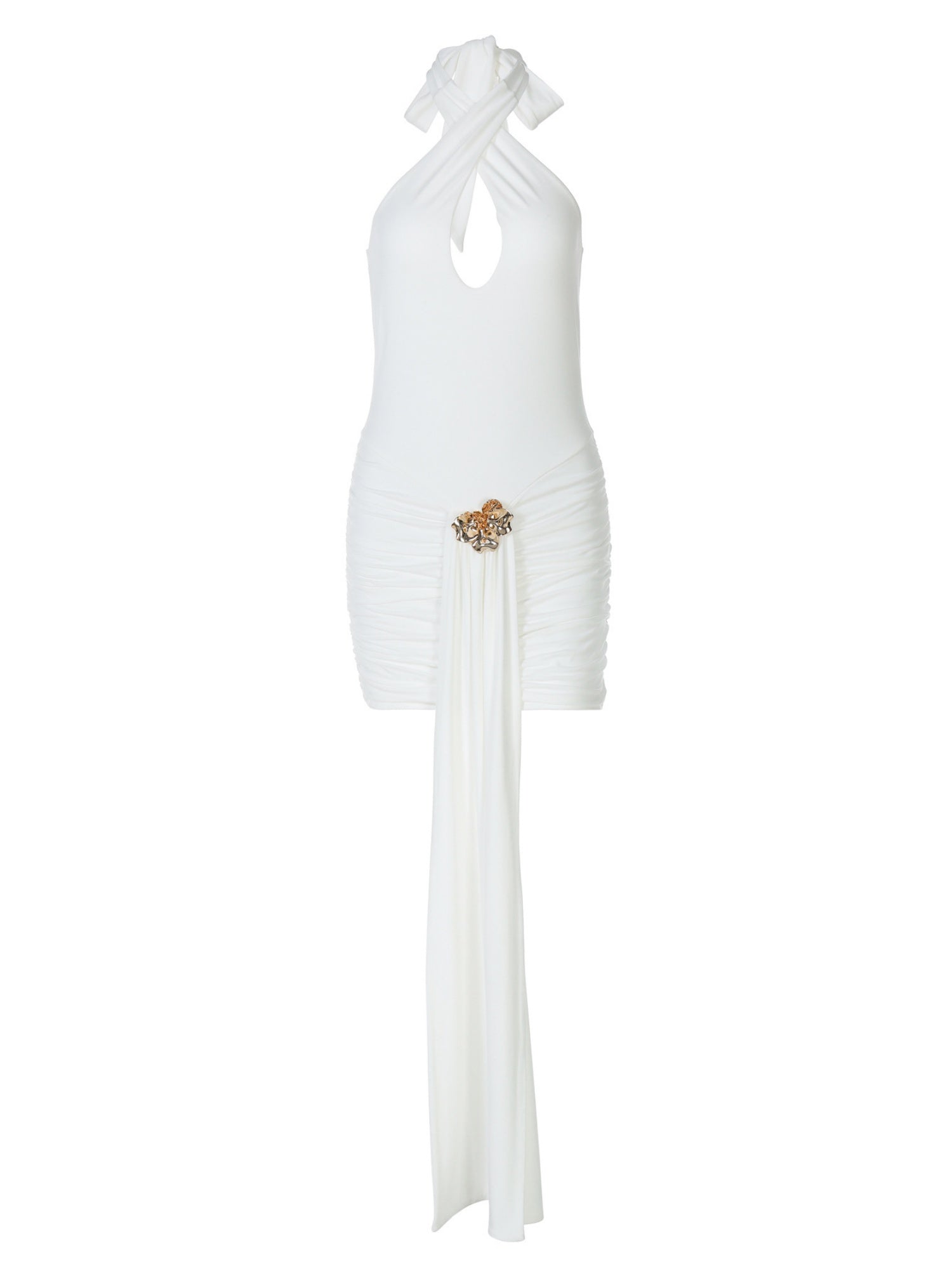 Metal Decoration Halter Neck Deep V Cross Straps Exposed Backpack Buttocks Pleated Mini&Short Dresses