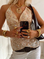 Embroidered Sequins Color Matching Strappy Backless Sweet Tank Tops&Camis