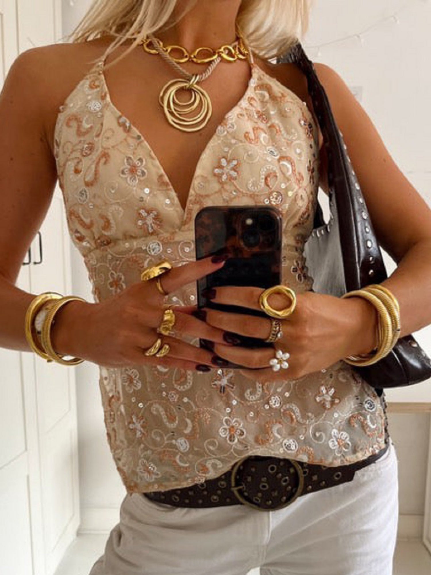 Embroidered Sequins Color Matching Strappy Backless Sweet Tank Tops&Camis