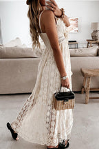 Lace Pom-Pom Drawstring Deep V-Neck High-Low Maxi Dress