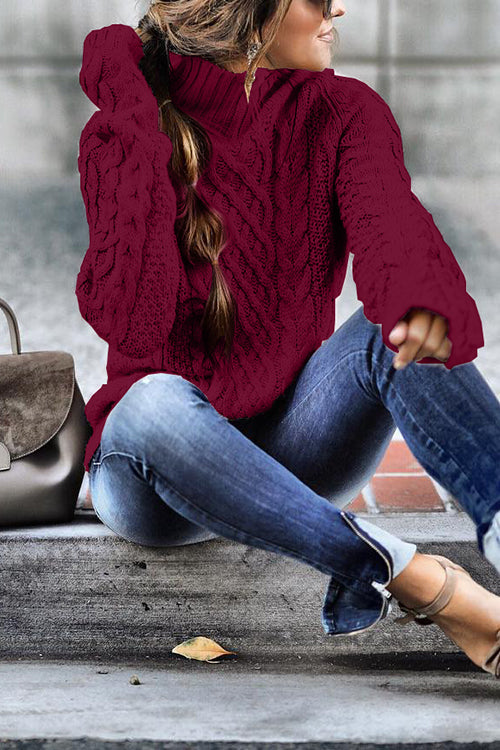 Mockneck Solid Cable Knit Pullover Sweater