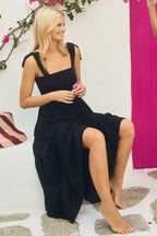 Botanical Leaf Print Smocked Square Neck Tie Shoulder Tiered Maxi Dress