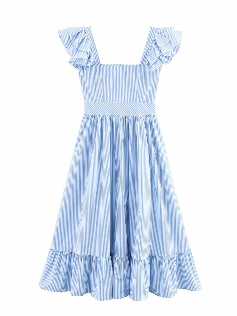 Square Collar Ruffle Button Slit Big Swing Sweet Maxi Dresses