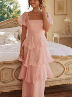 Square Collar Puff Sleeve Cake Skirt Vacation Parties Maxi Dresses