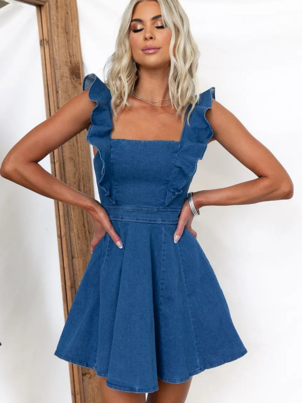 Denim Flying Sleeves Backless Mini&Short Dresses