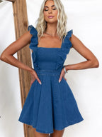 Denim Flying Sleeves Backless Mini&Short Dresses
